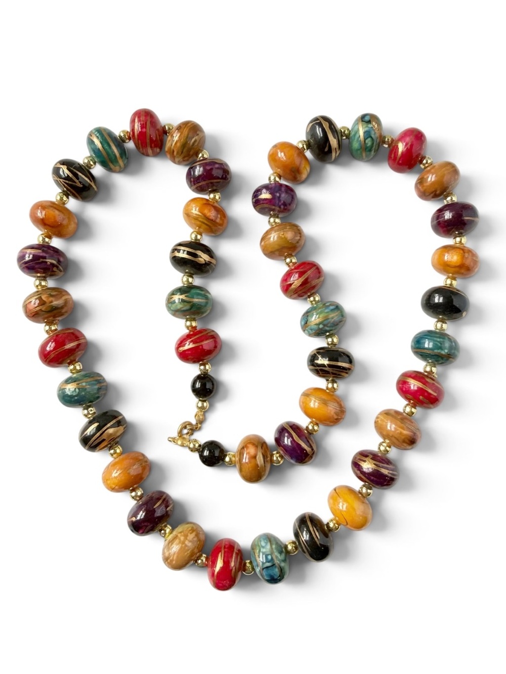 Vintage Funky Multicolor Gold Stripe Lucite Chunky Rondelle Beaded Necklace 28”